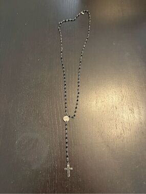 Vintage Black Beaded Silver Cross Rosary Necklace